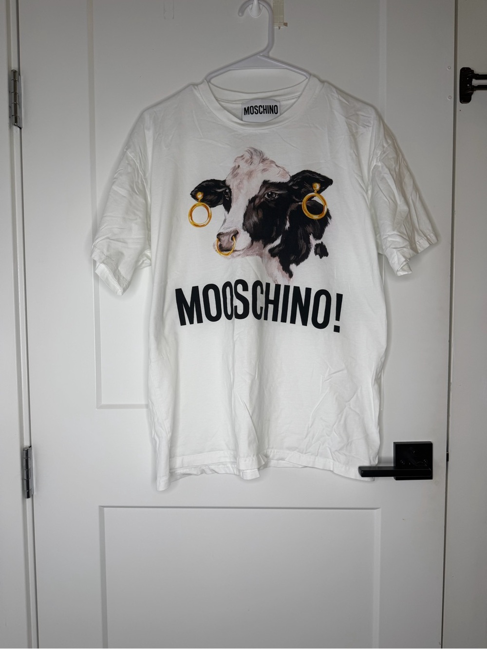 Moschino White Graphic 'Mooschino' Cow Tee with Gold Hoops
